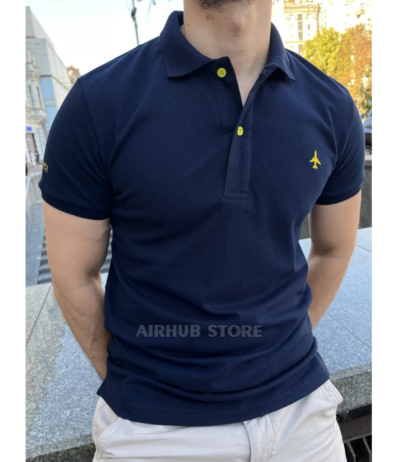 Dark blue minimalist polo with airplane