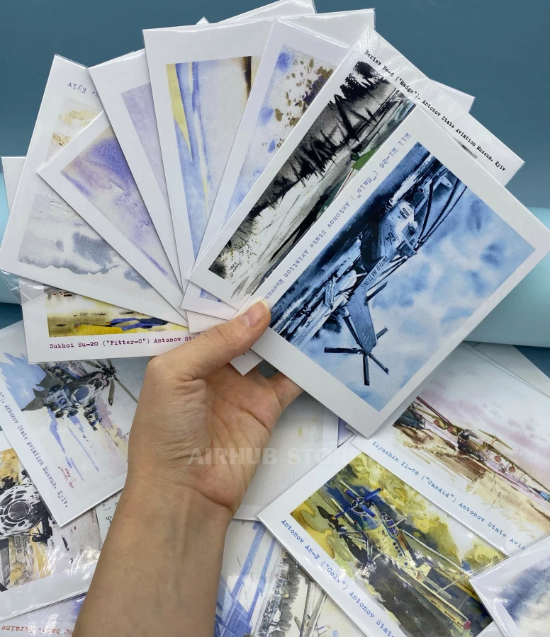 Watercolor postcards with airplanes Aviation Museum