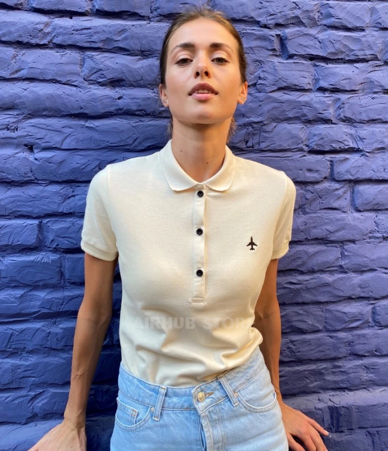 Cream minimalist polo with airplane