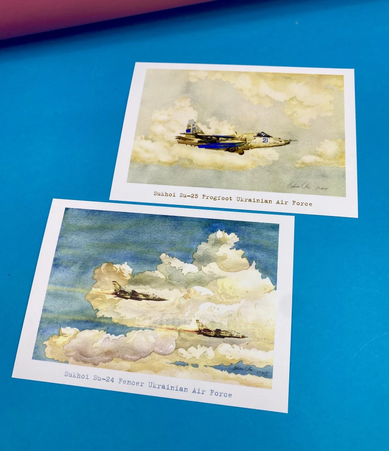 Watercolor postcards Ukrainian Air Force in flight