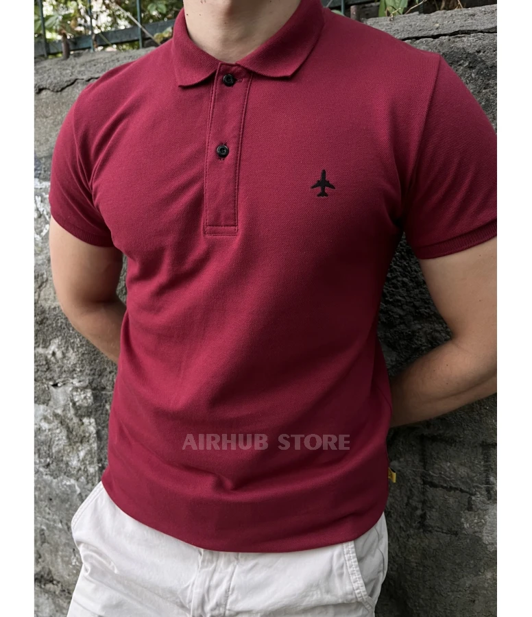 Burgundy minimalist polo with airplane